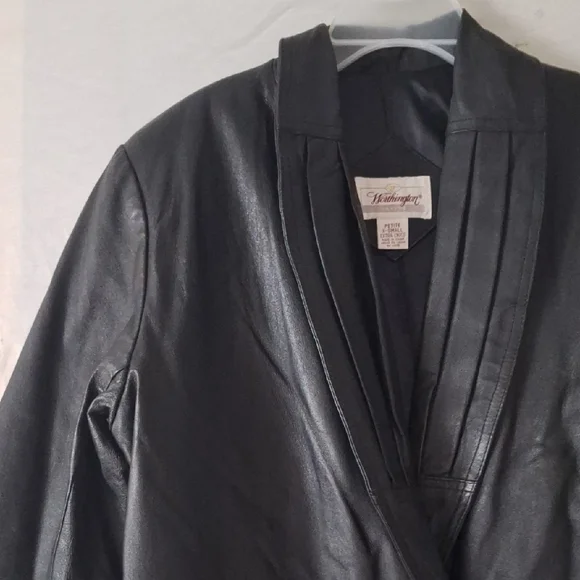 Vintage Black Leather Coat, Long Double Breasted, Worthington, Sz 4 NWOT - Picture 5 of 12